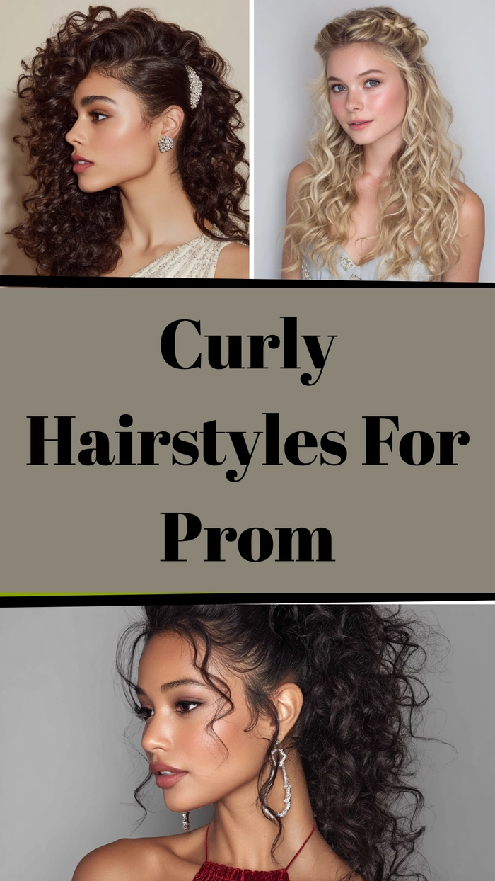 Long prom hairstyle featuring natural curly hair styled elegantly for a formal event