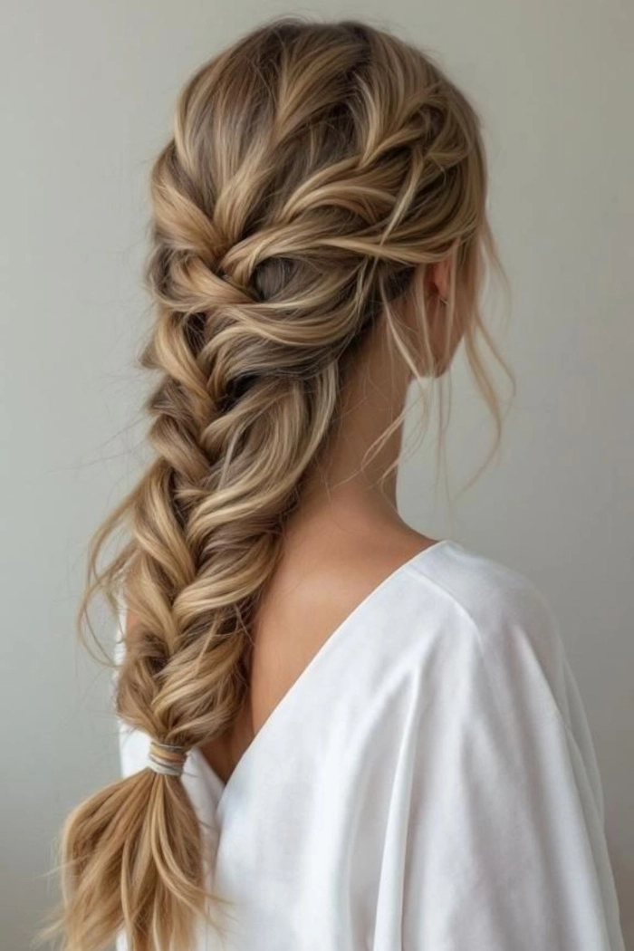 Prom hairstyle featuring a fishtail braid and soft waves