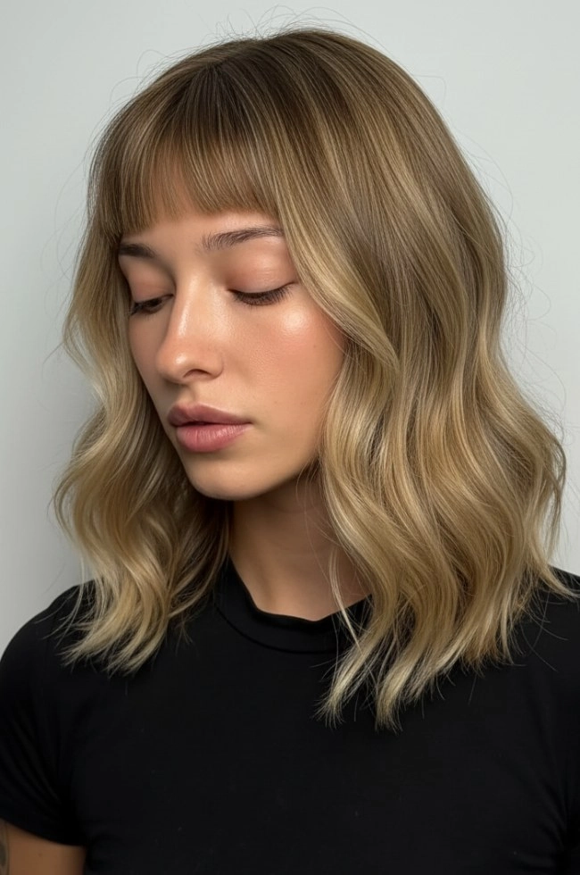 Elegant prom look with curtain fringe and styled bangs number 8 Prom hairstyle featuring bangs and curtain fringe with soft curls