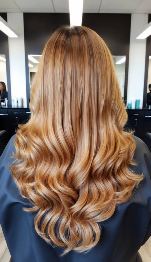 Elegant prom hairstyle showcasing caramel ombre hair with soft curls and a subtle braid