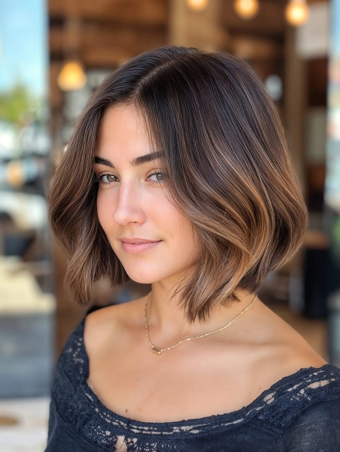 Elegant prom hairstyle showcasing dark brunette balayage with soft curls