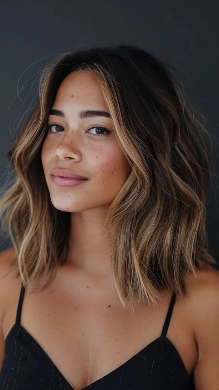 Elegant prom hairstyle featuring dark brunette balayage with soft curls