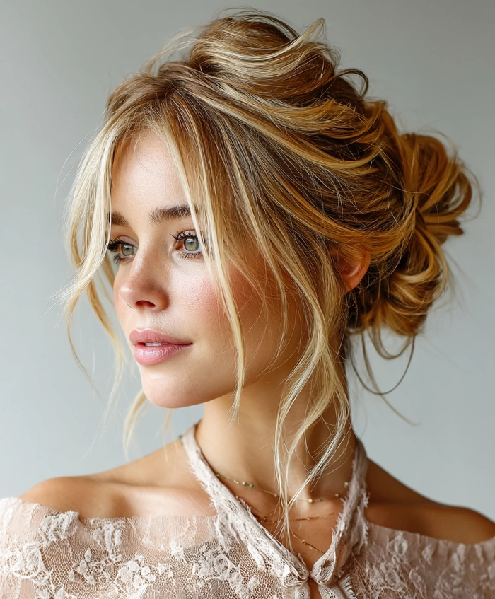 Prom hairstyle featuring a high messy bun with loose tendrils for a stylish prom look