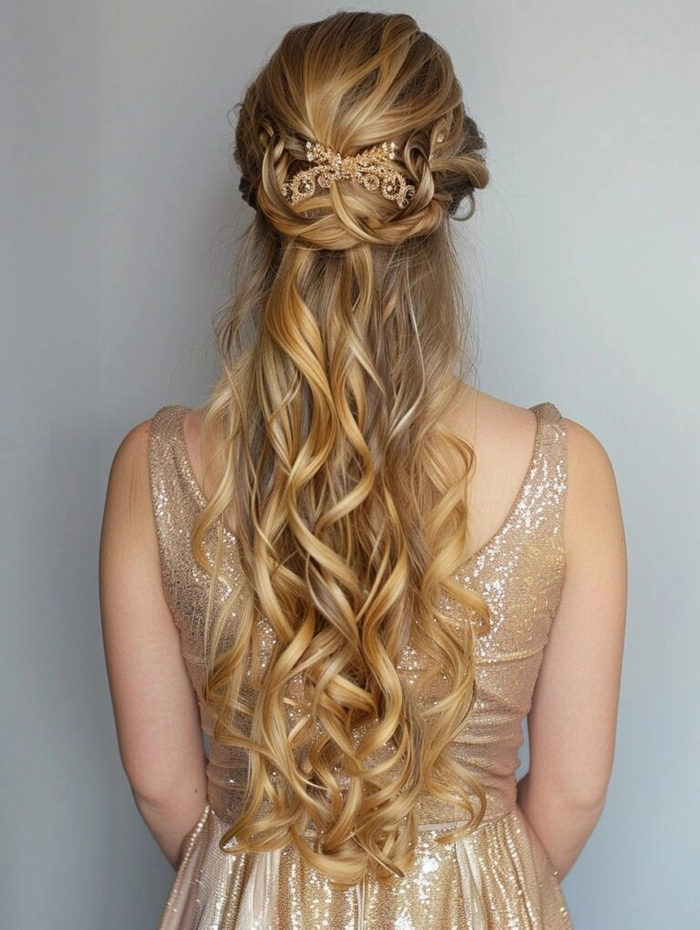 Long prom hairstyles for natural curly hair styled in elegant waves