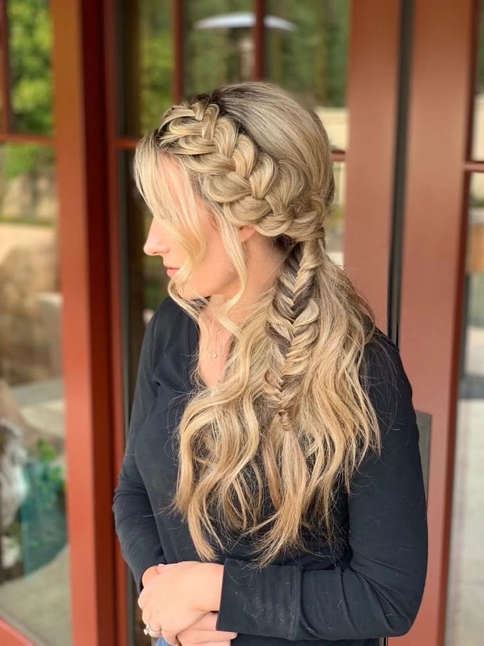 Prom hairstyle featuring an intricate fishtail braid