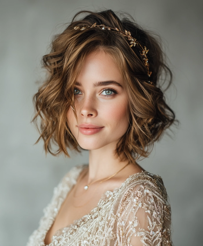 Elegant prom hairstyle for short bob haircuts with soft curls and floral accessories