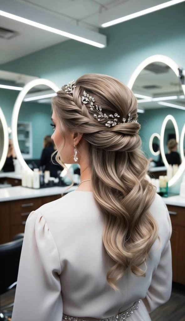 Long-lasting prom updo with braided curls and pins