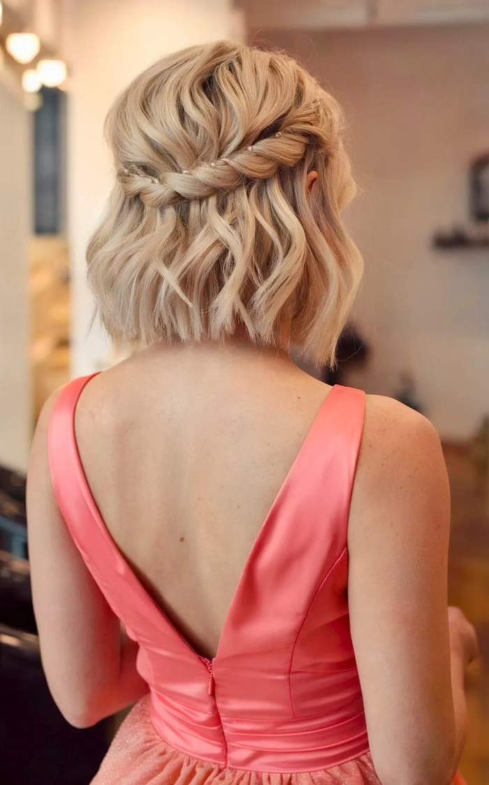 Chic prom hairstyle showcasing a stylish updo for short layered hair Elegant prom updo for short layered hair with soft curls and volume