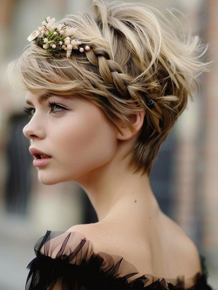 Elegant short prom hairstyle ideal for fine hair textures, style number 15 Short prom hairstyle for fine hair featuring delicate waves and volume