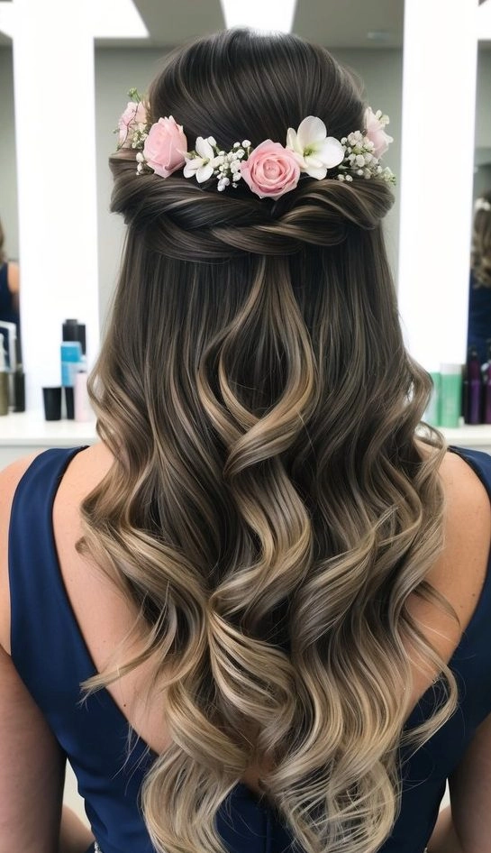 Spring prom hairstyles with fresh blooms for a radiant look at number 12 Elegant spring prom hairstyle adorned with fresh blooms and soft curls