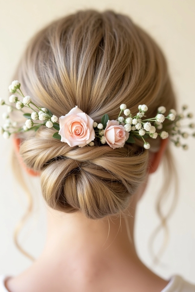 Elegant spring prom hairstyle with fresh flowers for a romantic look Spring prom hairstyles with fresh blooms featuring soft curls and floral accents