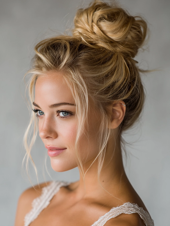 Elegant prom hairstyle showcasing a chic textured top knot updo Textured top knot prom updo with loose curls and volume