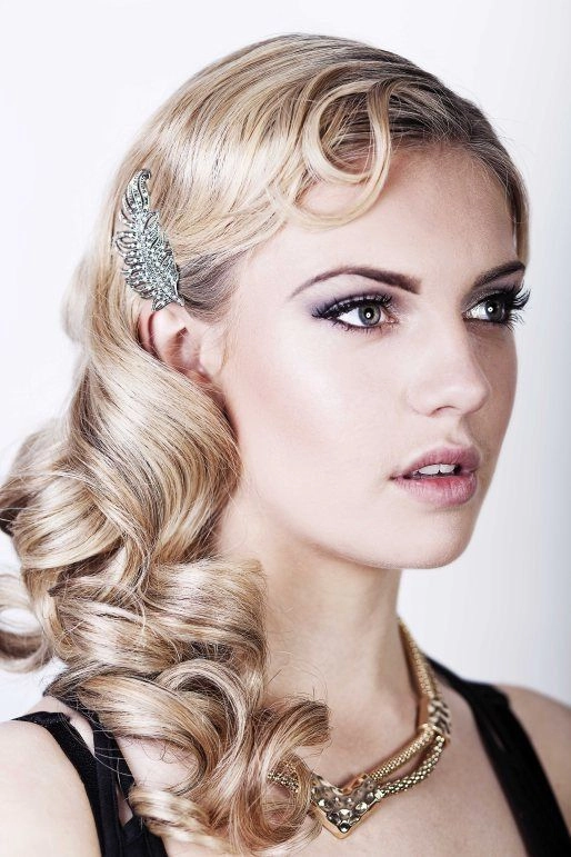 Elegant vintage 1920s flapper prom hairstyle with finger waves and decorative headband