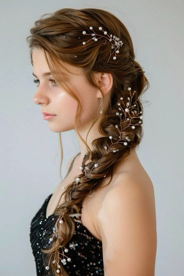 Windproof outdoor prom hairstyle with braided updo and secure pins