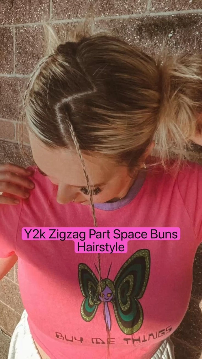 Y2K inspired space bun prom hairstyle with glitter accessories
