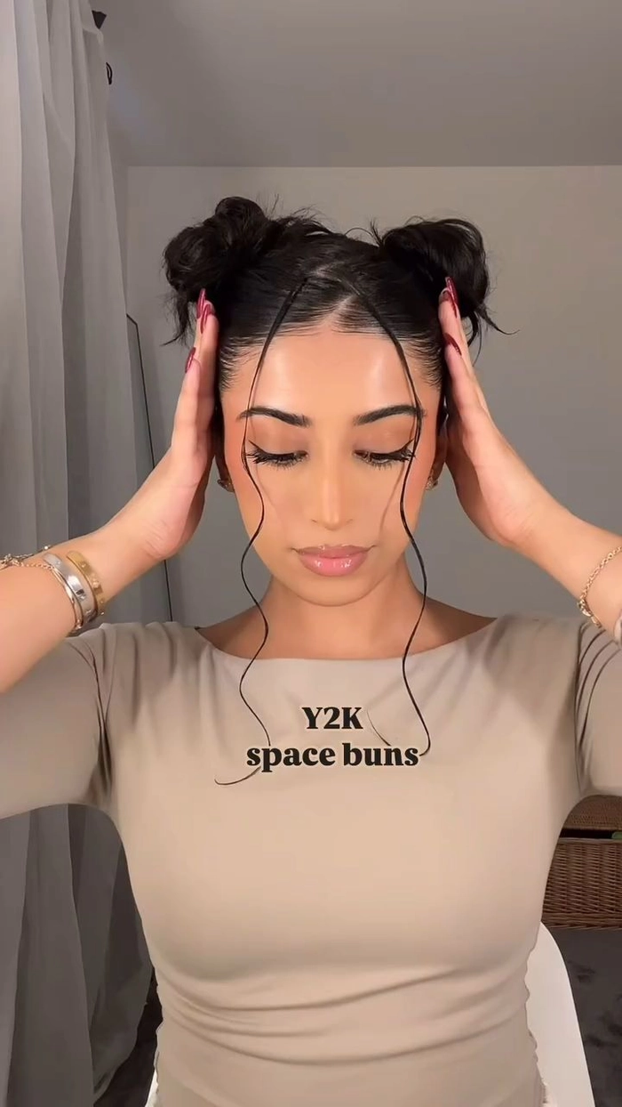 Y2K inspired space bun prom hairstyles with colorful accessories and sleek finishes