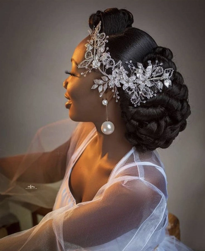 Elegant African bridal hair braided styles featuring intricate patterns and accessories
