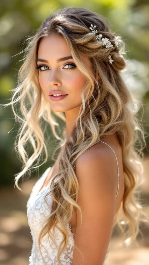 Elegant wedding hairstyle showcasing relaxed beachy waves for a bride Bridal hairstyle featuring relaxed beachy waves with soft, flowing curls