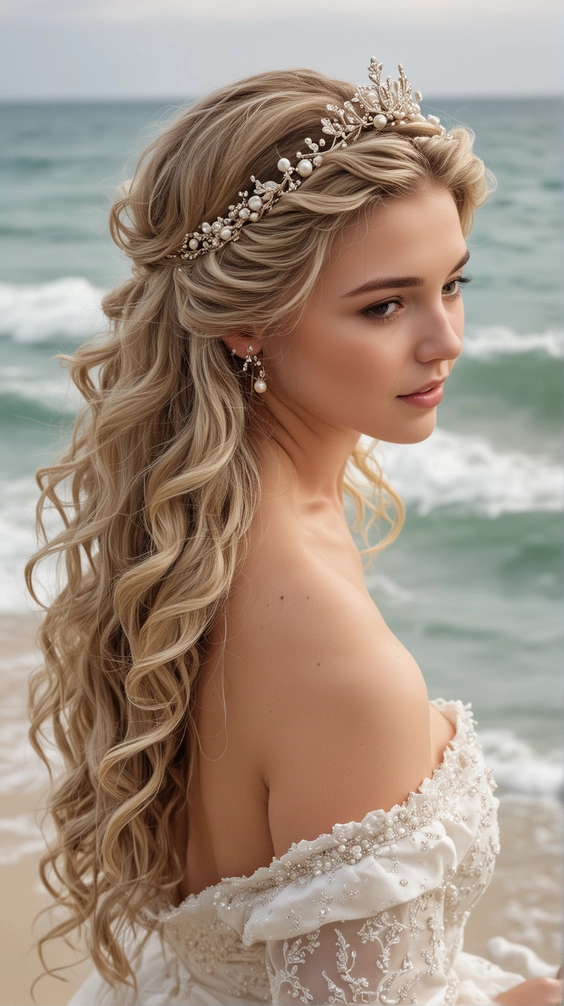 Elegant relaxed beachy waves bridal hair ideal for a romantic wedding day Bridal hairstyle featuring relaxed beachy waves for a soft wedding look