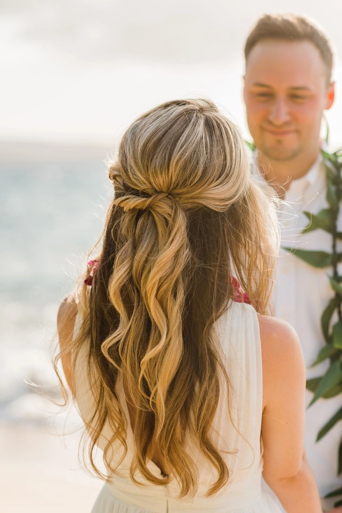 Elegant wedding look featuring soft, tousled beach waves bridal hair style Bridal hairstyle with relaxed beachy waves perfect for a wedding day