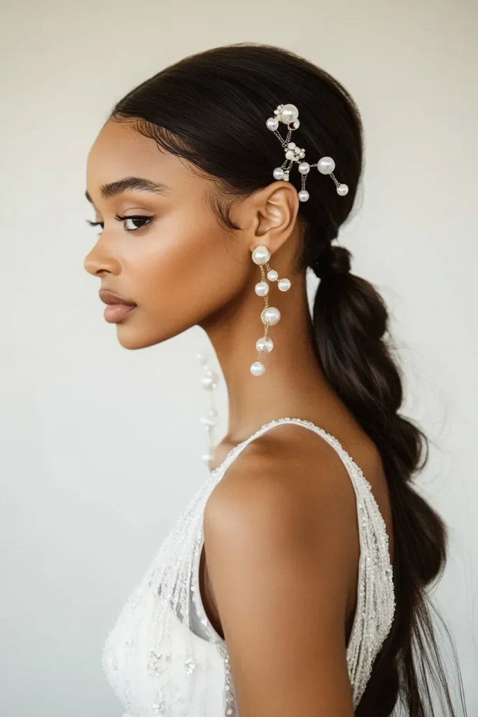 Elegant bridal hair bubble ponytail with delicate floral accents