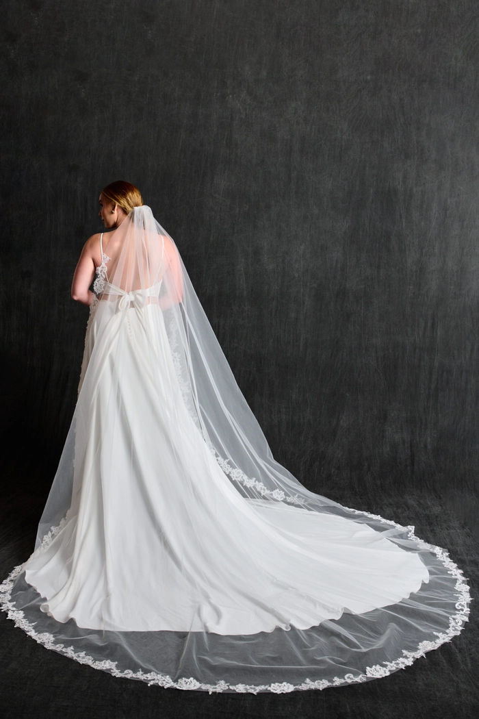 Sophisticated wedding updo paired beautifully with a flowing cathedral veil Elegant bridal hairstyle showcasing intricate curls with a cathedral veil