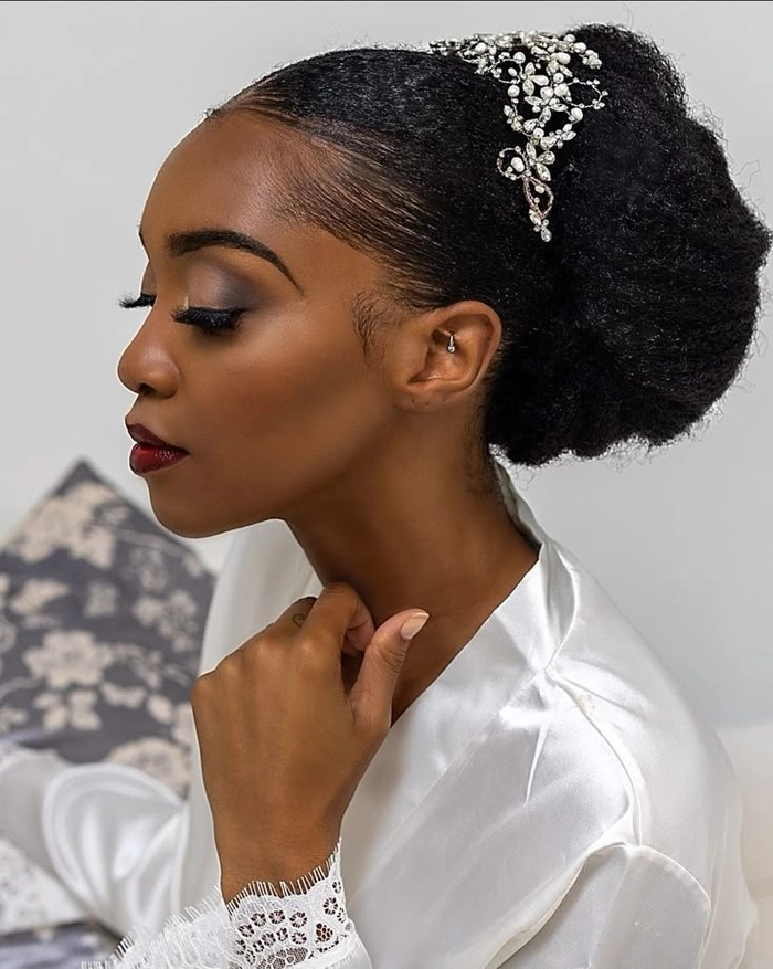 Bridal hairstyle showcasing elegant natural black hair styled for a wedding look