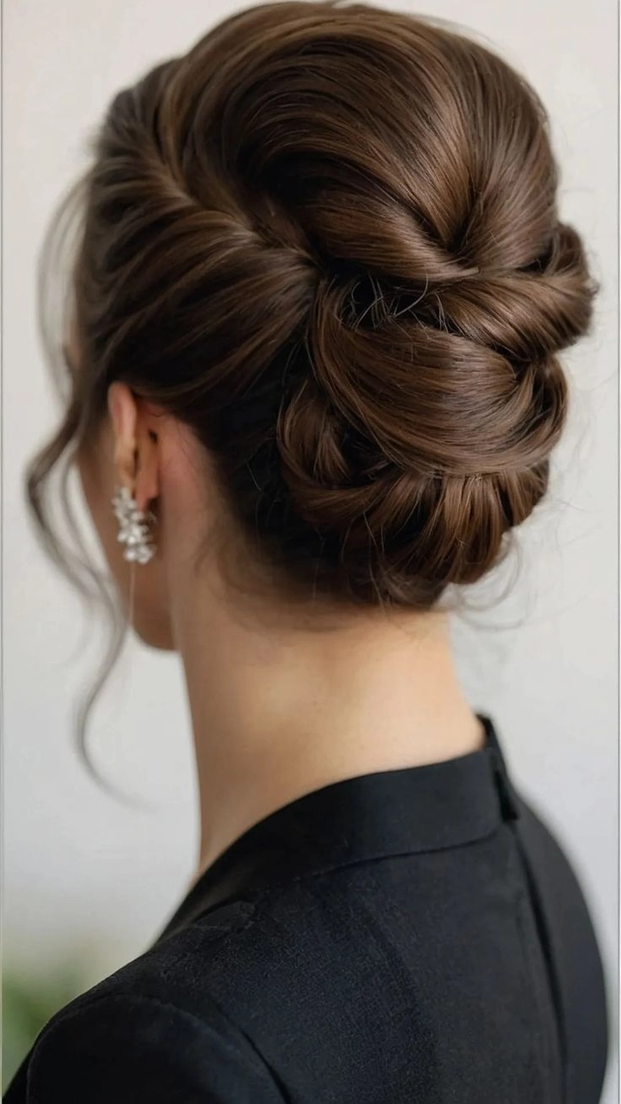 Bridal model showcasing an elegant French twist hairstyle with delicate floral accents