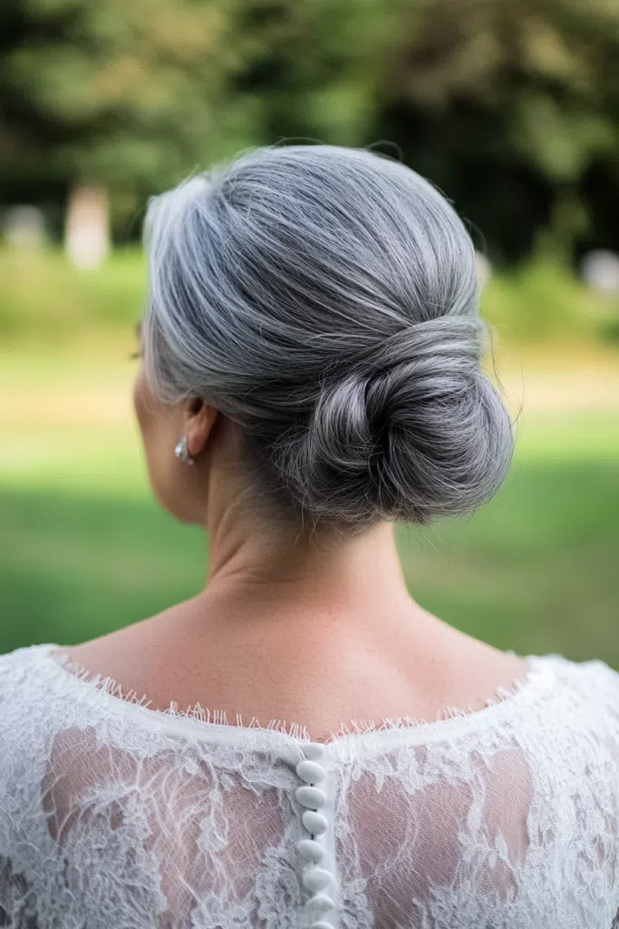 Elegant bridal hair styled for gray hair with soft curls and floral accents