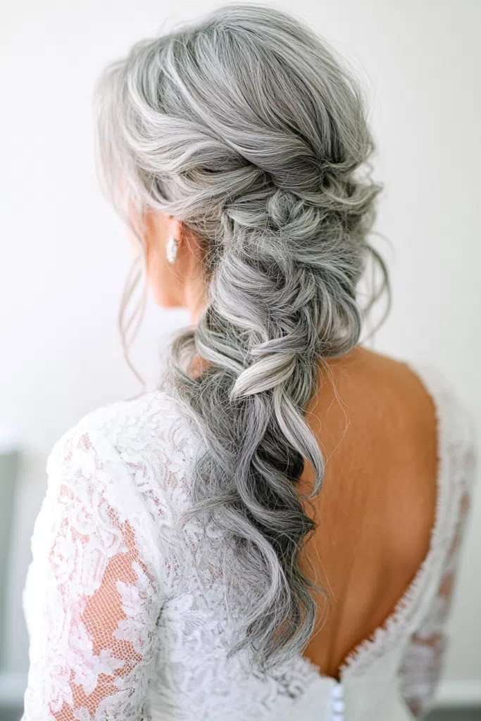 Elegant bridal hair for gray hair styled in soft waves with pearls