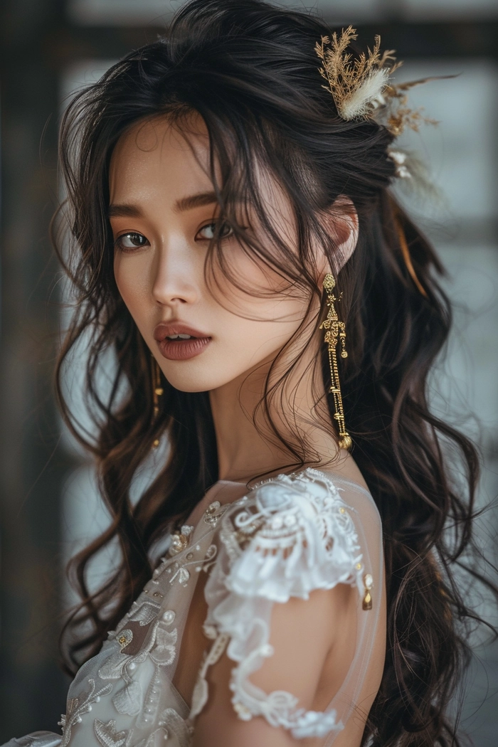 Elegant bridal hair styled for Asian hair texture with intricate floral accessories