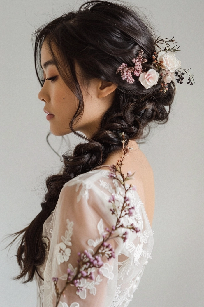 Elegant bridal hair for Asian hair texture styled in soft waves with floral accents