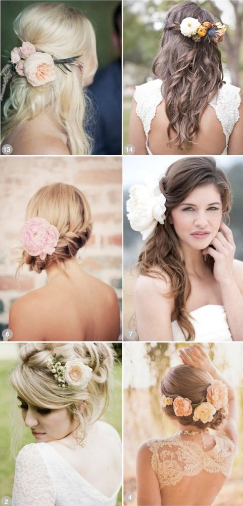 Bridal hairstyle featuring fresh floral accents in a soft updo Elegant bridal hair adorned with fresh flowers for a romantic wedding look