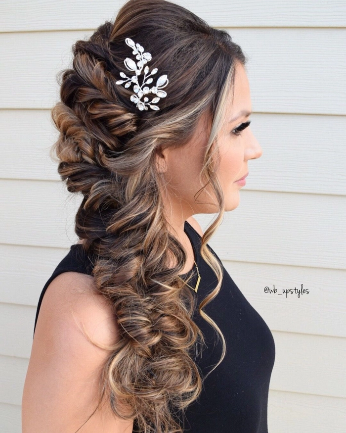 Stunning side braid hairstyle perfect for a romantic wedding look Elegant bridal hair with side braid featuring delicate floral accents