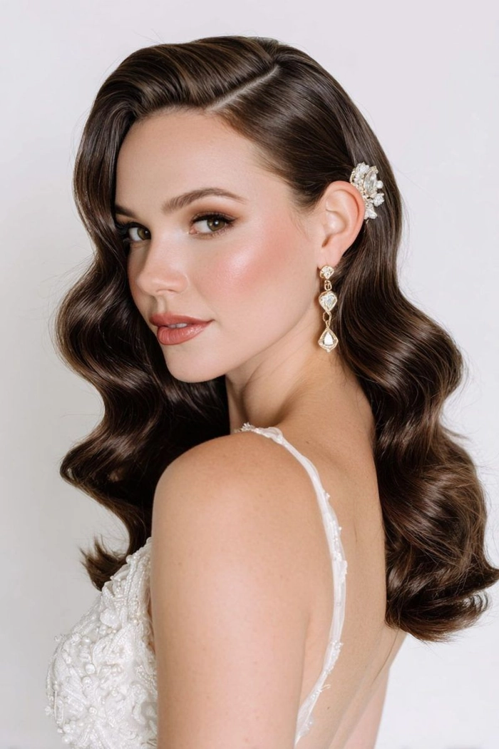 Elegant wedding hairstyle featuring soft, natural beachy waves for brides Bridal hairstyle with relaxed beachy waves for a romantic wedding look