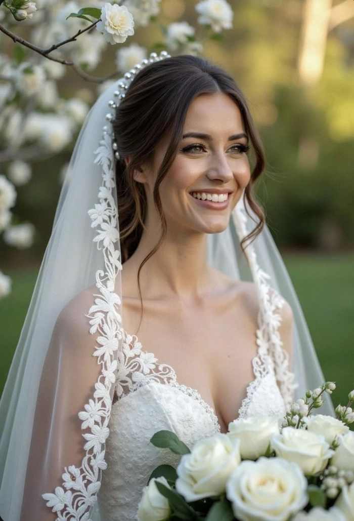 Sophisticated wedding hairstyle paired with a flowing cathedral veil for a timeless look Elegant bridal hairstyle showcasing a cathedral veil with intricate lace details