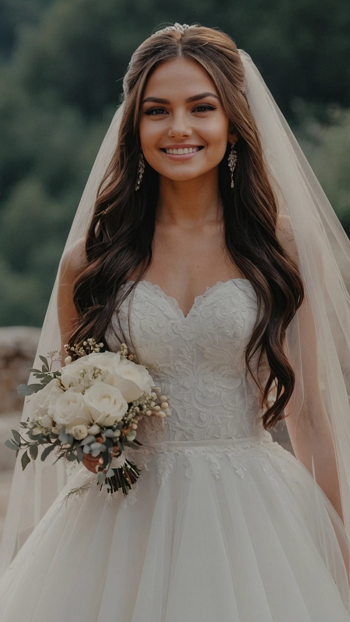 Classic wedding look with cathedral veil and flowing bridal hair Elegant bridal hairstyle featuring a cathedral veil with soft curls