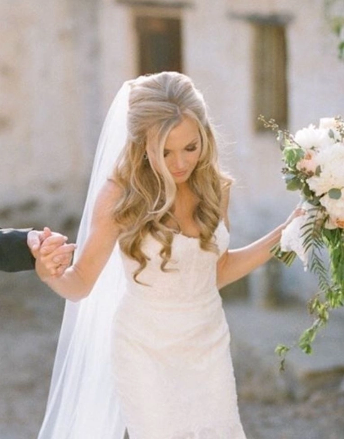 Bridal hairstyles with cathedral veil showcasing timeless elegance and romantic details Elegant bridal hairstyle featuring a cathedral veil with soft curls and delicate floral accents