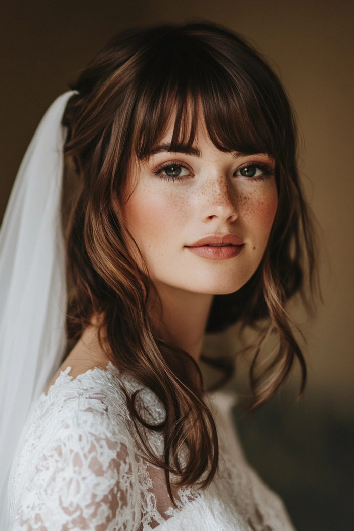 Elegant bridal hairstyle featuring curtain bangs with delicate floral accents