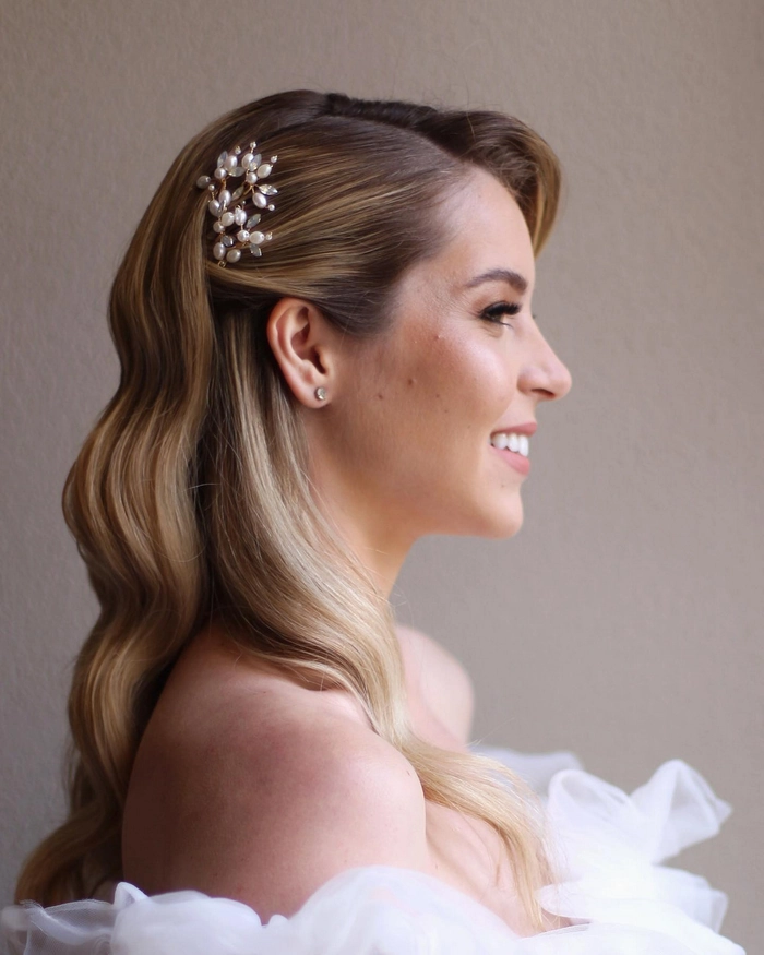 Elegant classic Hollywood waves styled for a stunning bridal appearance Bridal hairstyle featuring classic Hollywood waves for a timeless wedding look