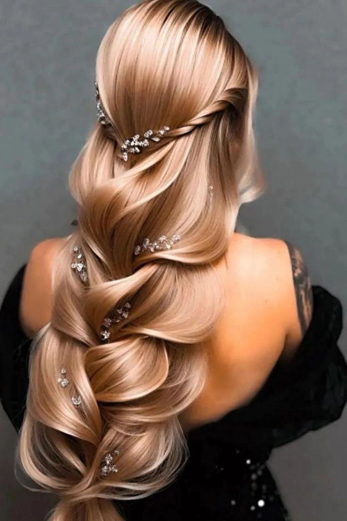 Bridal hairstyle featuring long, straight, and sleek hair perfect for wedding day elegance
