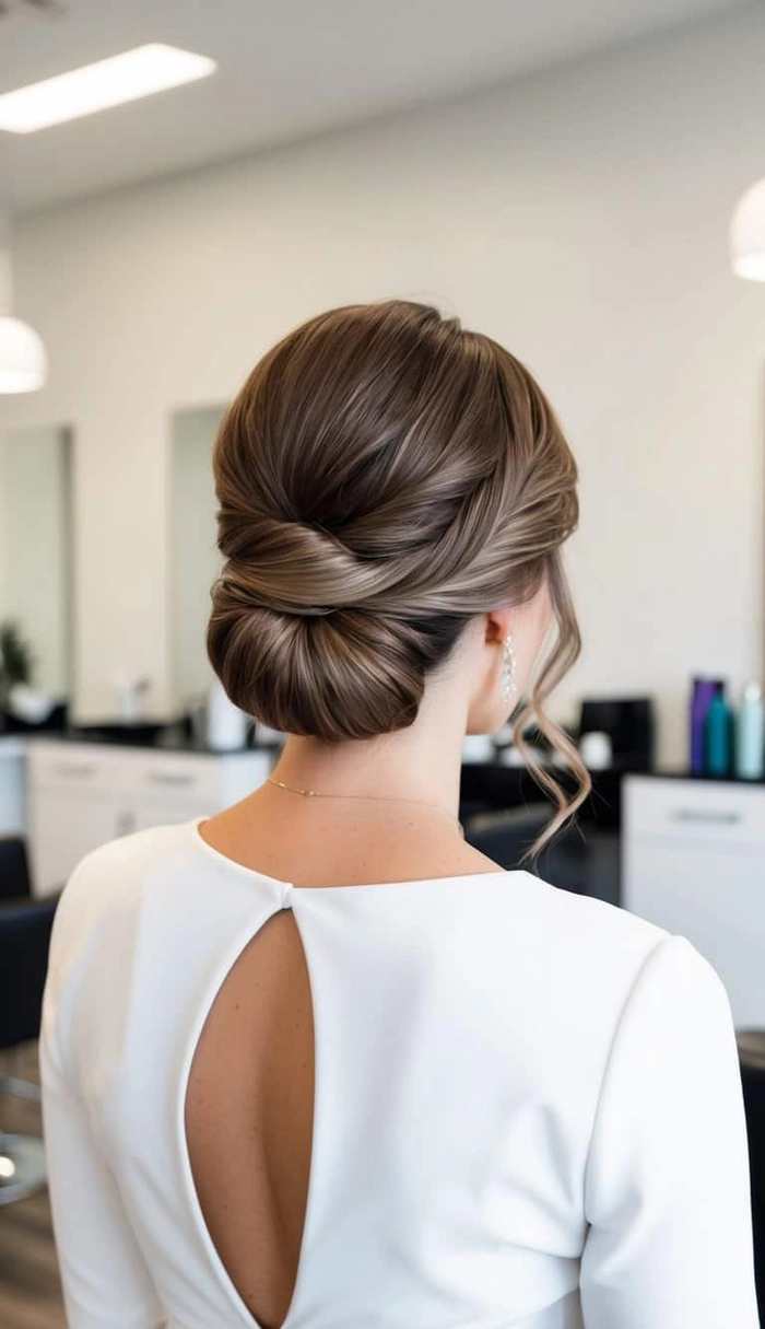 Elegant bridal hairstyle featuring a low bun with delicate face framing strands Bridal low bun with face framing pieces for an elegant wedding look