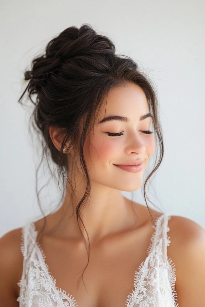 Elegant wedding hairstyle showing a low bun with soft strands around the face for a graceful bridal style Bridal low bun hairstyle featuring delicate face framing pieces for a romantic wedding look