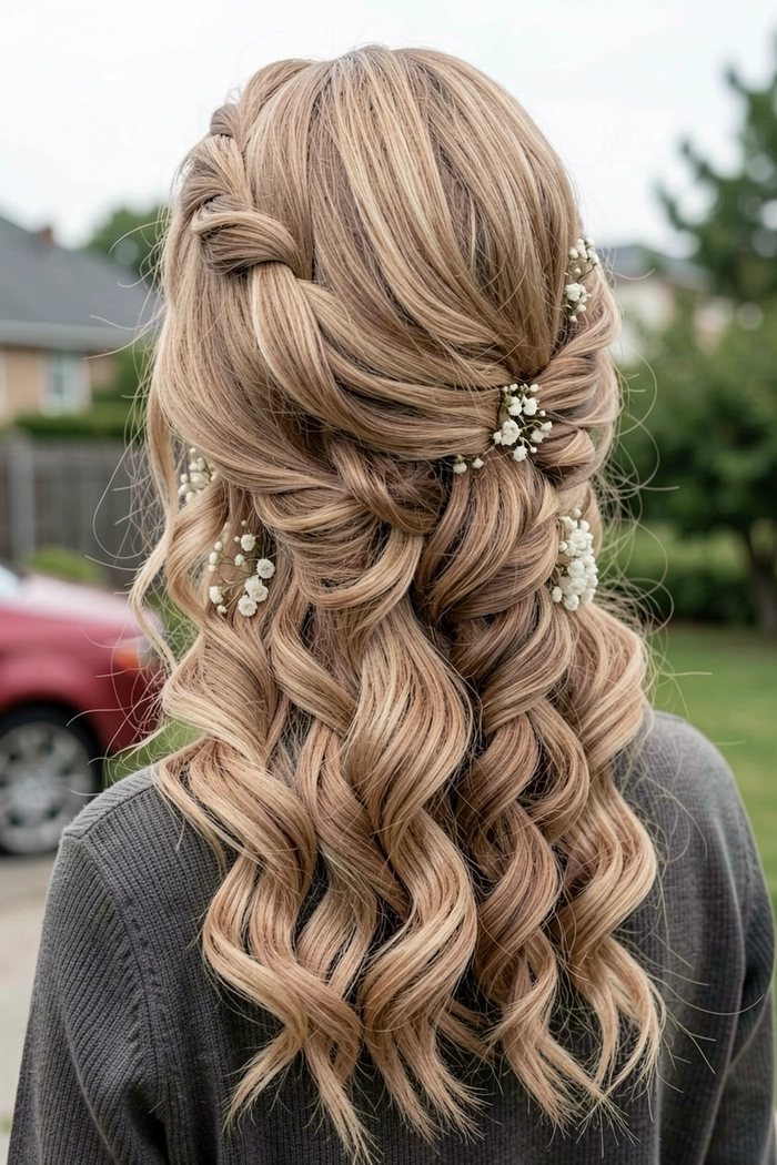 Elegant bridal hair with side braid hairstyle perfect for weddings Bridal hairstyle featuring an elegant side braid with delicate floral accents