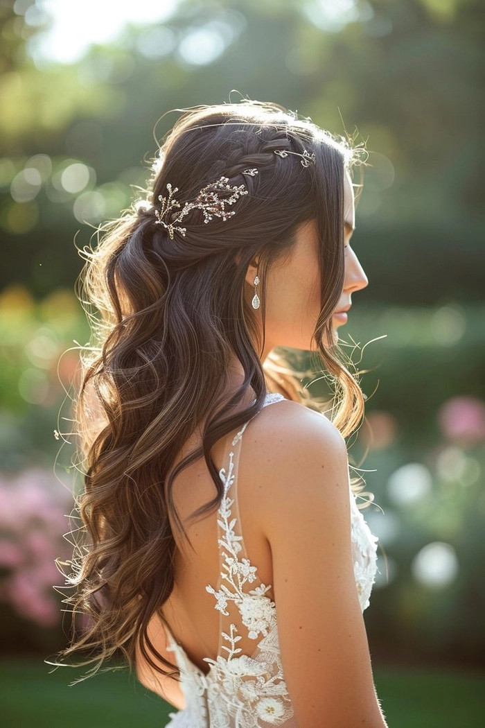 Bride showcasing elegant evening reception wedding hair changes with soft curls