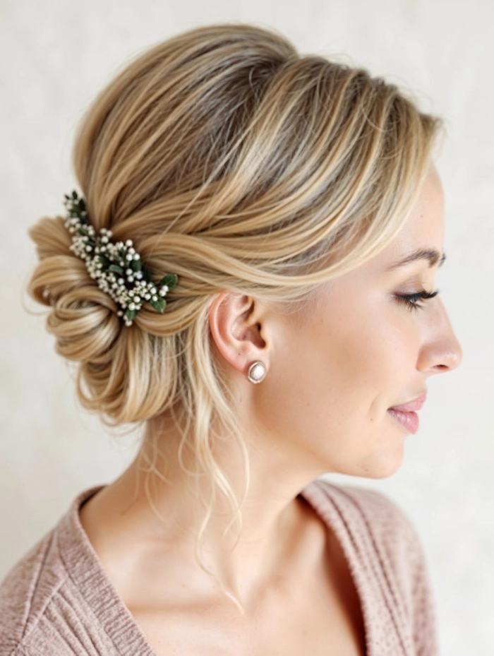 Bride showcasing elegant evening reception wedding hair changes