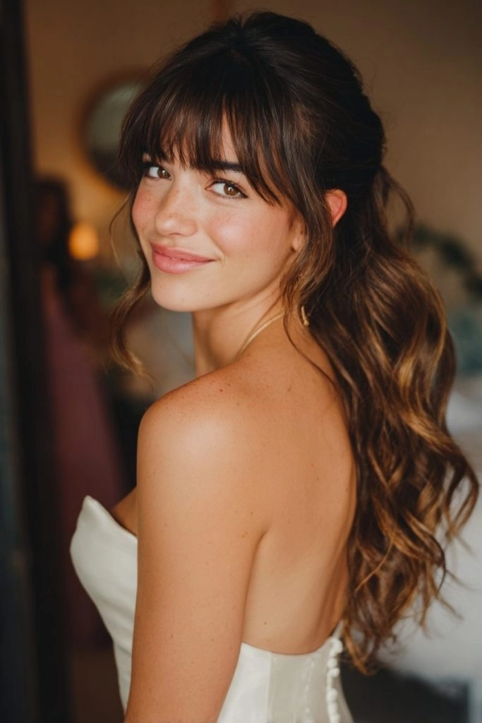 Bride showcasing elegant wedding hair with bangs styled softly around her face