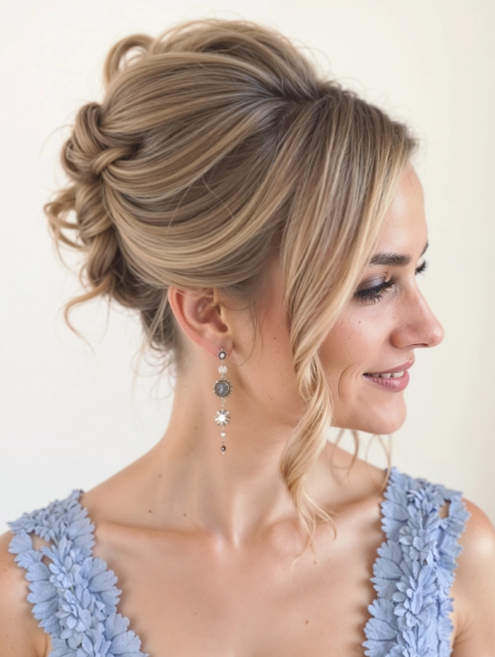 Bride showcasing elegant evening reception wedding hair changes with soft curls
