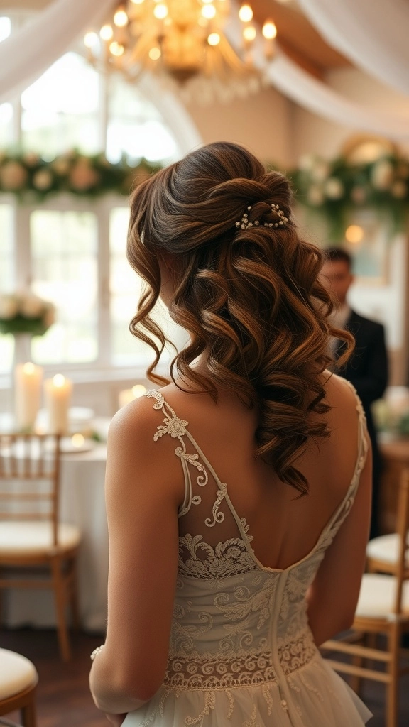 Side swept curls wedding hairstyle perfect for a romantic bridal look Bride with elegant wedding hair side swept curls styled for a formal ceremony