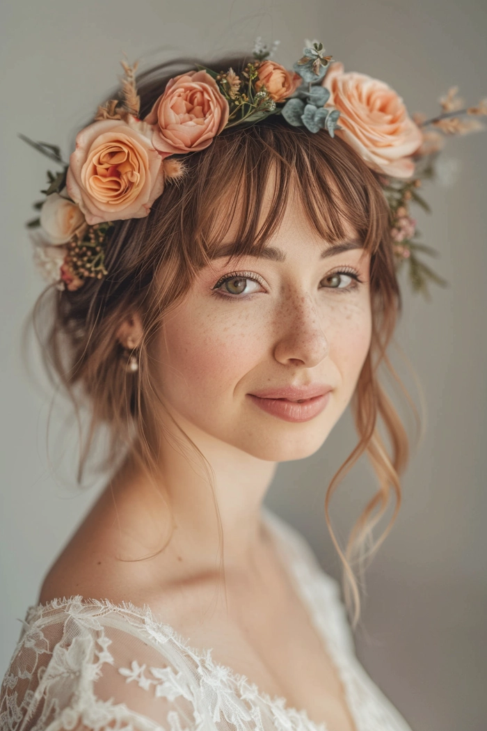 Romantic wedding hairstyles featuring floral crowns for a graceful bridal look Bride with elegant wedding hairstyle adorned with a delicate floral crown